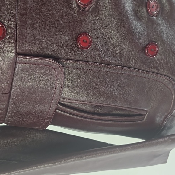 Vintage Deep Burgundy Leather Coat with Fur Collar And Pockets - Picture 5 of 16